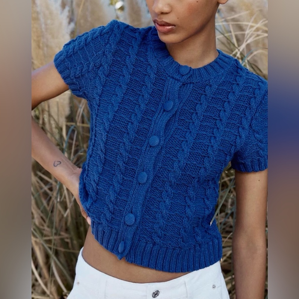 Zara Blue Cable Knit Short Sleeve Sweater Cardigan Size S